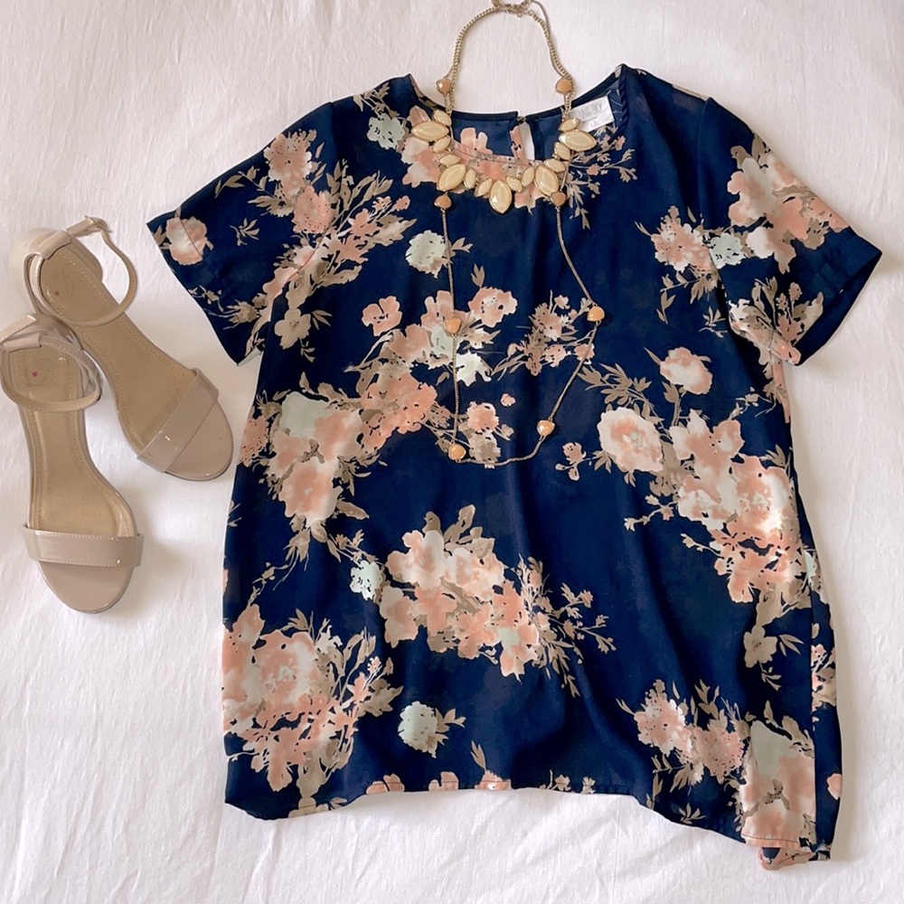 SIENNA SKY blue floral shear blouse w/sleeves Sml